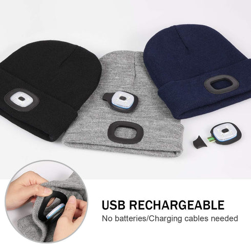 USB Rechargeable LED Beanie Hat for Outdoor Activities  Grey